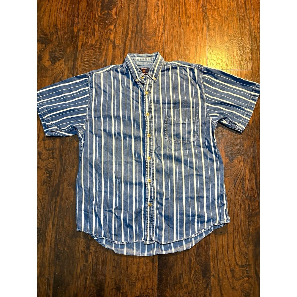 Coliseum World Explorer Mens XL Blue White Striped Cotton Short Sleeve Shirt